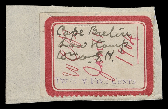CANADA REVENUES (PROVINCIAL)  NSC10,A visually striking example used on fragment of legal document, perforated on two sides, natural straight edge on other two, thick red borders 37 x 28mm, handwritten "Law Stamp" and handstamped denomination "Twenty five cents" in blue, portion of albino embossed Court seal, initialed and dated Jan 11 / 04 in red ink, VF and rare; 2013 Erling Van Dam cert.

This stamp is illustrated in the current Van Dam catalogue; only nine are recorded in a June 2003 census.