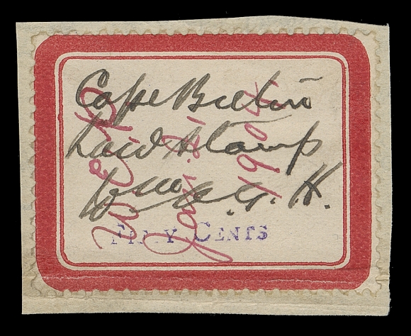CANADA REVENUES (PROVINCIAL)  NSC11a,An exceedingly rare used single perforated on all sides, thick red borders 37 x 28mm, handwritten "Law Stamp" and handstamped denomination "Fifty cents" in blue, horizontal crease at foot from document fold, nice VF appearance, initialed and dated Jan 2 / 04 in red ink; 2013 Erling Van Dam cert.

ONE OF ONLY THREE EXAMPLES recorded in a June 2003 census.