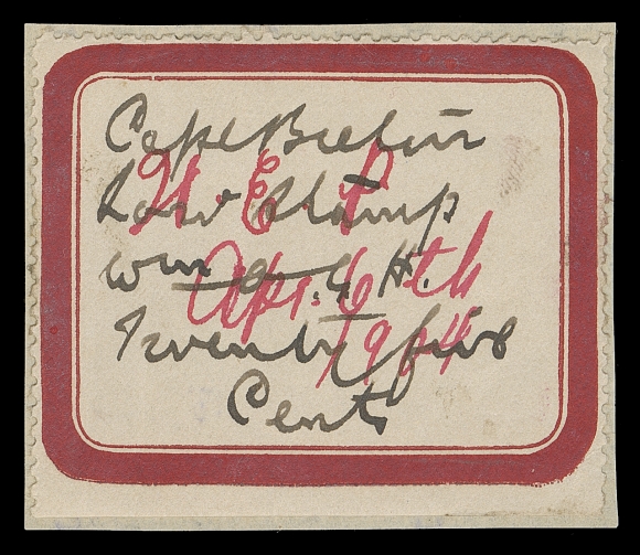 CANADA REVENUES (PROVINCIAL)  NSC11A,A choice example used on fragment of legal document, perforated  on three sides, natural straight edge at foot, distinctive large, thick red borders 46 x 36mm, handwritten in pen "Law Stamp"  and two-line "Twenty five cents",   initialed and dated Apr 6 /  1904 in red ink, VF and very scarce; 2013 Erling Van Dam cert. 