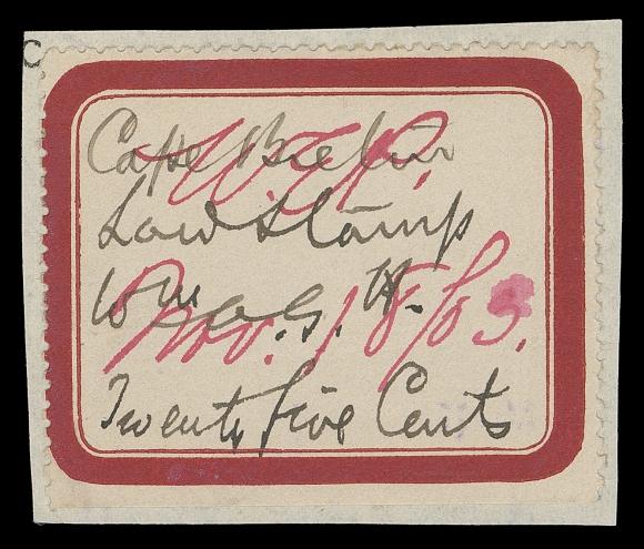 CANADA REVENUES (PROVINCIAL)  NSC11Ab,A scarce used example used on fragment of legal document, perforated on three sides with natural straight edge at foot, distinctive large, thick red borders 46 x 36mm, handwritten "Law Stamp" and one-line "Twenty five cents", initialed and dated Nov 18 / 03 in red ink, VF; 2013 Erling Van Dam cert.

Only nine examples are recorded in a June 2003 census.