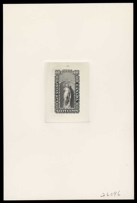 CANADA REVENUES (PROVINCIAL)  Justice design issued for Upper and Lower Canada - Large Engraved Die Proofs printed in black on india paper 51-62 x 68-72mm, die sunk on full size cards 152 x 226mm; 5c with die number "245", 40c with die number "243", other two without imprint. All four with different penciled annotated number at lower right. Each proof a rarity in pristine condition, VF-XF, ideal for exhibition