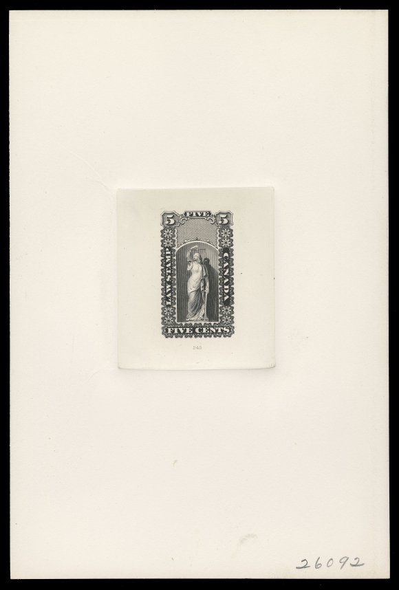 CANADA REVENUES (PROVINCIAL)  Justice design issued for Upper and Lower Canada - Large Engraved Die Proofs printed in black on india paper 51-62 x 68-72mm, die sunk on full size cards 152 x 226mm; 5c with die number "245", 40c with die number "243", other two without imprint. All four with different penciled annotated number at lower right. Each proof a rarity in pristine condition, VF-XF, ideal for exhibition