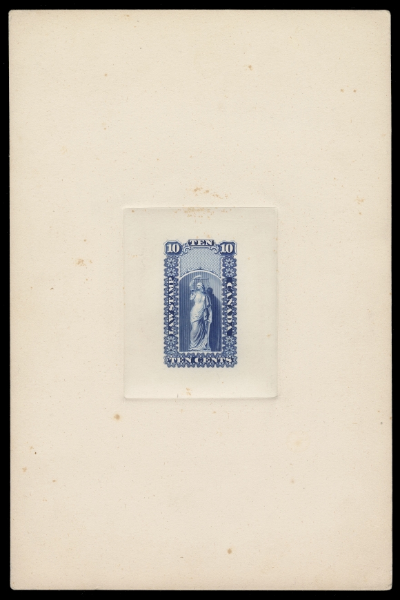 CANADA REVENUES (PROVINCIAL)  Justice design issued for Upper and Lower Canada - Large Engraved Die Proof in indigo on india paper 61 x 76mm, die sunk on full size card 152 x 230mm, without imprint; slight foxing mostly visible from reverse. A very rare coloured full-size die proof, VF; ex. Ed Richardson (March 1981; Lot 1090)
