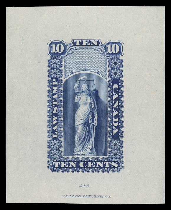 CANADA REVENUES (PROVINCIAL)  Justice design issued for Upper and Lower Canada - Large Engraved Die Proof printed in deep blue on india paper 61 x 75mm, with die "443" number and American Bank Note Co. imprint, choice and very scarce, VF
