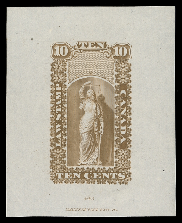 CANADA REVENUES (PROVINCIAL)  Justice design issued for Upper and Lower Canada - Large Engraved Die Proof printed in brown on india paper 61 x 75mm, with die "443" number and American Bank Note Co. imprint, minute inclusion, beautiful and very scarce coloured proof, VF
