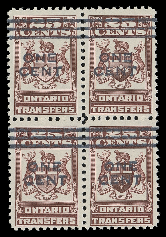 CANADA REVENUES (PROVINCIAL)  OST37, OST37a,A fresh mint block, lower pair with strong kiss print of the surcharge resulting in double printed "ONE CENT" surcharge, close impressions with serifs in letters distinctively doubled, F-VF NH