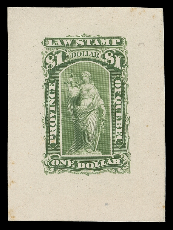 CANADA REVENUES (PROVINCIAL)  QL24,Engraved Die Proof in yellow green on card mounted india paper 44 x 60mm, colour similar to subsequent 1893-1906 series, VF