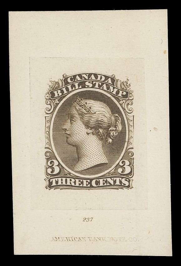 CANADA REVENUES (FEDERAL)  FB18-FB36,A magnificent complete set of seventeen "Goodall" Die Proofs in sepia on india paper sunk on individual cards, most show the die number and ABNC imprint, $2 & $3 without central vignette, an extremely rare intact set, VFProvenance: Philip Little, Sissons Sale 335, February 1974; Lot 665                   Ed Zaluski (private sale)In 1878 both National and Continental Bank Note were amalgamated with ABNC with A.C. Goodall as president. Shortly after, ABNC produced approximately five sets for their dies in five different colours (nomenclature for shades varies somewhat depending on author and issue) - in sepia, vermilion, grey black, greenish blue and bluish green. Most were dispersed as gifts to friends and allies of Mr. Goodall.A FABULOUS SET OF "GOODALL" DIE PROOFS OF THE SECOND BILL ISSUE.