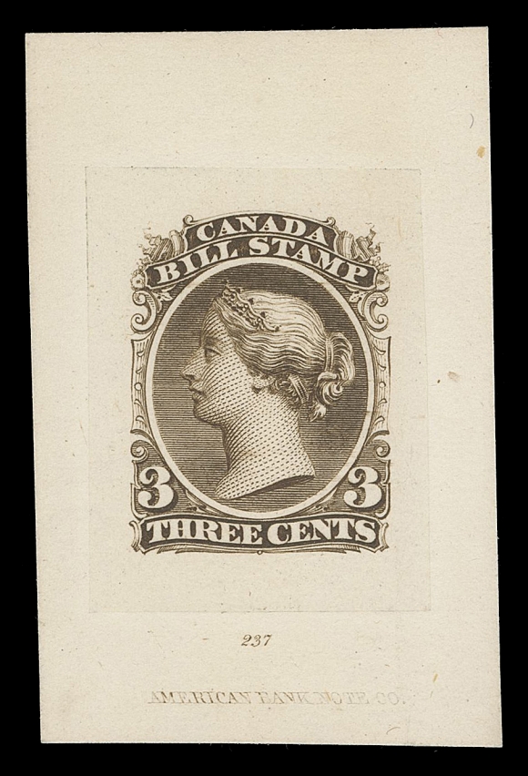CANADA REVENUES (FEDERAL) FB18-FB36,A magnificent complete set of seventeen "Goodall" Die Proofs in sepia on india paper sunk on individual cards, most show the die number and ABNC imprint, $2 & $3 without central vignette, an extremely rare intact set, VF
Provenance: Philip Little, Sissons Sale 335, February 1974; Lot 665
Ed Zaluski (private sale)
In 1878 both National and Continental Bank Note were amalgamated with ABNC with A.C. Goodall as president. Shortly after, ABNC produced approximately five sets for their dies in five different colours (nomenclature for shades varies somewhat depending on author and issue) - in sepia, vermilion, grey black, greenish blue and bluish green. Most were dispersed as gifts to friends and allies of Mr. Goodall.
A FABULOUS SET OF "GOODALL" DIE PROOFS OF THE SECOND BILL ISSUE.