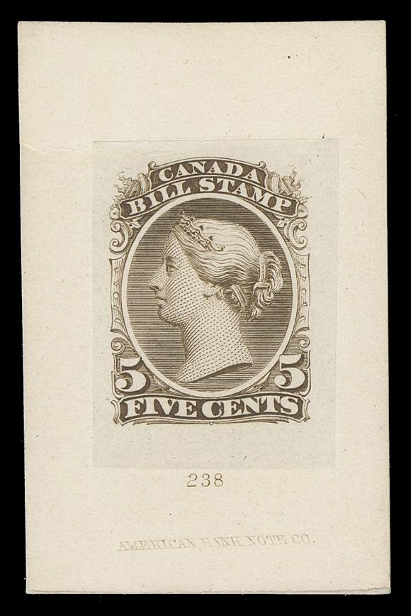 CANADA REVENUES (FEDERAL) FB18-FB36,A magnificent complete set of seventeen "Goodall" Die Proofs in sepia on india paper sunk on individual cards, most show the die number and ABNC imprint, $2 & $3 without central vignette, an extremely rare intact set, VF
Provenance: Philip Little, Sissons Sale 335, February 1974; Lot 665
Ed Zaluski (private sale)
In 1878 both National and Continental Bank Note were amalgamated with ABNC with A.C. Goodall as president. Shortly after, ABNC produced approximately five sets for their dies in five different colours (nomenclature for shades varies somewhat depending on author and issue) - in sepia, vermilion, grey black, greenish blue and bluish green. Most were dispersed as gifts to friends and allies of Mr. Goodall.
A FABULOUS SET OF "GOODALL" DIE PROOFS OF THE SECOND BILL ISSUE.