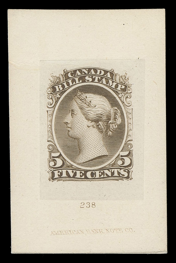 CANADA REVENUES (FEDERAL)  FB18-FB36,A magnificent complete set of seventeen "Goodall" Die Proofs in sepia on india paper sunk on individual cards, most show the die number and ABNC imprint, $2 & $3 without central vignette, an extremely rare intact set, VF

Provenance: Philip Little, Sissons Sale 335, February 1974; Lot 665
                   Ed Zaluski (private sale)

In 1878 both National and Continental Bank Note were amalgamated with ABNC with A.C. Goodall as president. Shortly after, ABNC produced approximately five sets for their dies in five different colours (nomenclature for shades varies somewhat depending on author and issue) - in sepia, vermilion, grey black, greenish blue and bluish green. Most were dispersed as gifts to friends and allies of Mr. Goodall.

A FABULOUS SET OF "GOODALL" DIE PROOFS OF THE SECOND BILL ISSUE.