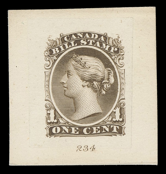 CANADA REVENUES (FEDERAL) FB18-FB36,A magnificent complete set of seventeen "Goodall" Die Proofs in sepia on india paper sunk on individual cards, most show the die number and ABNC imprint, $2 & $3 without central vignette, an extremely rare intact set, VF
Provenance: Philip Little, Sissons Sale 335, February 1974; Lot 665
Ed Zaluski (private sale)
In 1878 both National and Continental Bank Note were amalgamated with ABNC with A.C. Goodall as president. Shortly after, ABNC produced approximately five sets for their dies in five different colours (nomenclature for shades varies somewhat depending on author and issue) - in sepia, vermilion, grey black, greenish blue and bluish green. Most were dispersed as gifts to friends and allies of Mr. Goodall.
A FABULOUS SET OF "GOODALL" DIE PROOFS OF THE SECOND BILL ISSUE.