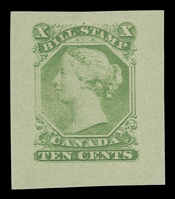 CANADA REVENUES (FEDERAL)  FB27,ABNC Trade Sample proofs - the only revenue on the ABNC Sample sheet. Printed on horizontal wove paper, four are engraved in dark greyish violet, bright yellow green on greenish paper, pale orange vermilion and pink rose; the fifth is lithographed in brown lilac. Remarkably, all are in sound condition, very unusual for these fragile proofs, VF-XF