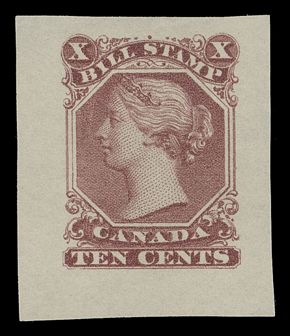 CANADA REVENUES (FEDERAL) FB27,ABNC Trade Sample proofs - the only revenue on the ABNC Sample sheet. Printed on horizontal wove paper, four are engraved in dark greyish violet, bright yellow green on greenish paper, pale orange vermilion and pink rose; the fifth is lithographed in brown lilac. Remarkably, all are in sound condition, very unusual for these fragile proofs, VF-XF