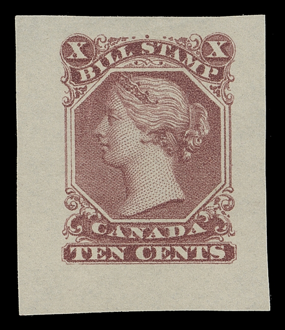 CANADA REVENUES (FEDERAL)  FB27,ABNC Trade Sample proofs - the only revenue on the ABNC Sample sheet. Printed on horizontal wove paper, four are engraved in dark greyish violet, bright yellow green on greenish paper, pale orange vermilion and pink rose; the fifth is lithographed in brown lilac. Remarkably, all are in sound condition, very unusual for these fragile proofs, VF-XF