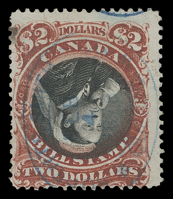 CANADA REVENUES (FEDERAL)  FB53a,A remarkable used example of the INVERTED CENTRE, in flawless condition with intact perforations, deep rich colours on immaculate fresh paper and light, ideally struck double oval Roberts Smith & Co. Quebec FEB 4 1876 datestamp in blue. One of the rarities of Canadian Federal Revenues, especially in sound condition. Fine