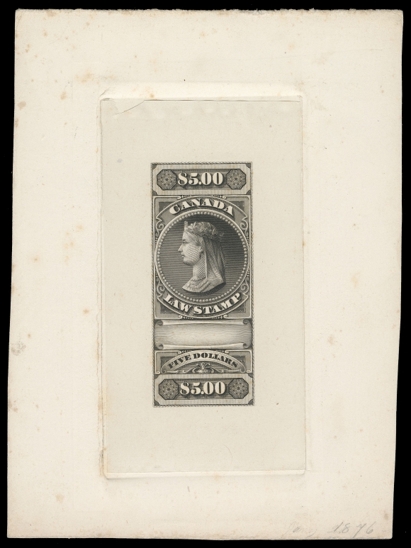 CANADA REVENUES (FEDERAL)  FSC6,A spectacular Large Engraved Die Proof printed in black on india paper 60 x 114mm, die sunk on large card 120 x 162mm; negligible foxing to card only, exceedingly rare, VF