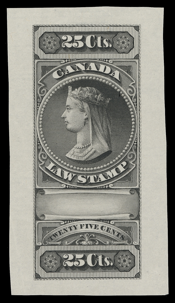 CANADA REVENUES (FEDERAL)  FSC2, 3, 6,Three different Trial Colour Engraved Die Proofs, printed in black on india paper; 20c with couple light corner creases, 25c with india paper fault, $5 sound. Each proof is a rarity in its own right, VF