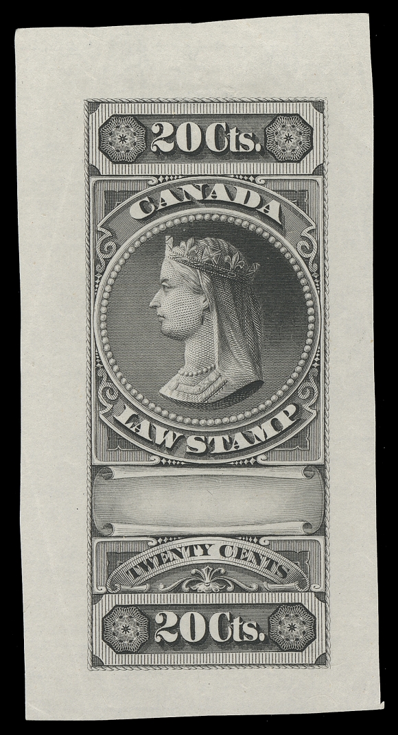 CANADA REVENUES (FEDERAL)  FSC2, 3, 6,Three different Trial Colour Engraved Die Proofs, printed in black on india paper; 20c with couple light corner creases, 25c with india paper fault, $5 sound. Each proof is a rarity in its own right, VF