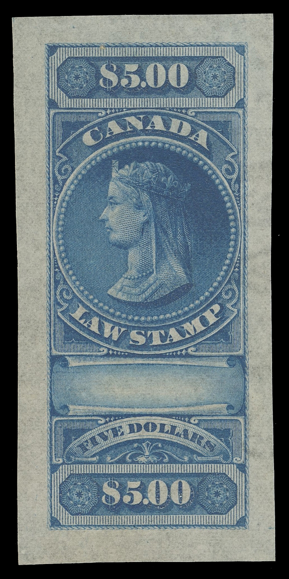 CANADA REVENUES (FEDERAL)  FSC1-FSC6,An extraordinary set of all six Engraved Die Proofs in blue, the issued colour, on thin wove paper, the 20c & $5 showing large portion of papermaker