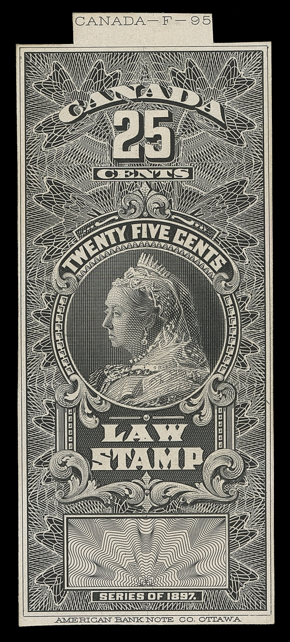 CANADA REVENUES (FEDERAL)  Three Engraved Die Essays printed in black on white surfaced thick wove paper, stamp size and capturing die number at top. These are the only denominations for which a Die was prepared that were never issued. A very rare set, F-VF