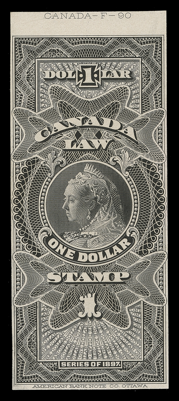 CANADA REVENUES (FEDERAL)  FSC7, 8, 9,Engraved Die Proofs in black on white surfaced thick wove paper, each stamp size and capturing die number at top. From the 1897 series portraying the Widow Queen Victoria, the three issued denominations. A very rare set, VF