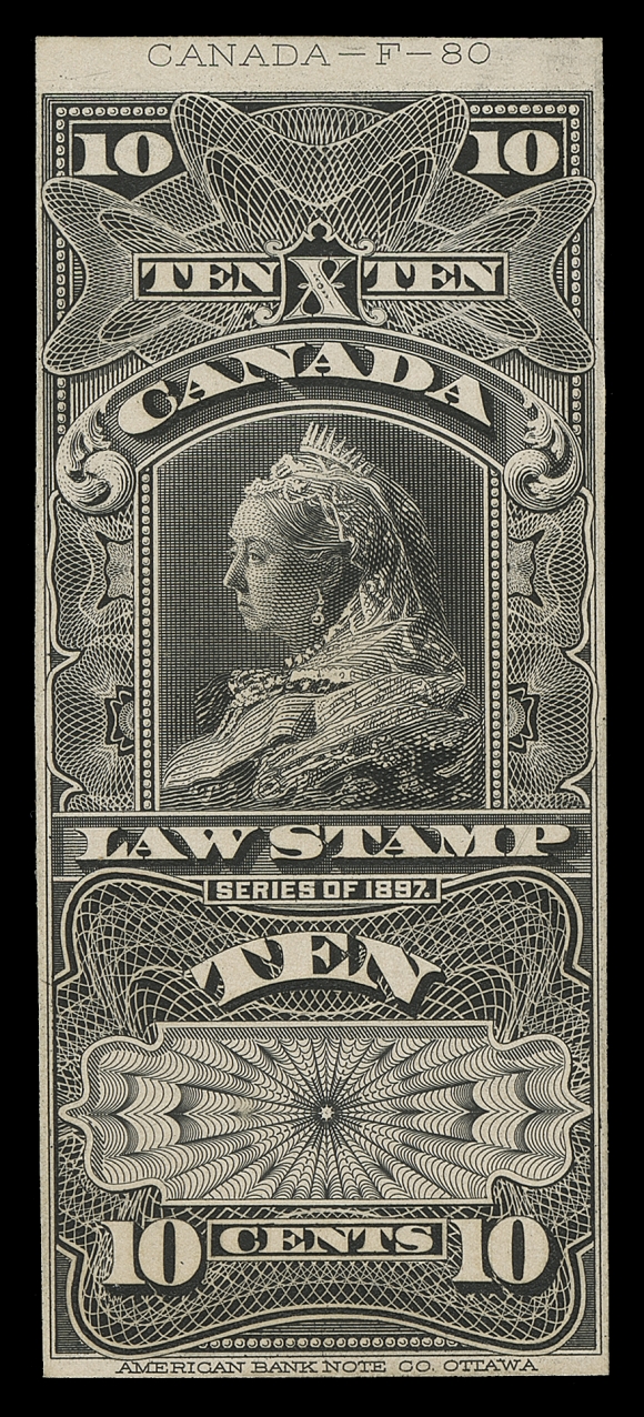 CANADA REVENUES (FEDERAL)  FSC7, 8, 9,Engraved Die Proofs in black on white surfaced thick wove paper, each stamp size and capturing die number at top. From the 1897 series portraying the Widow Queen Victoria, the three issued denominations. A very rare set, VF