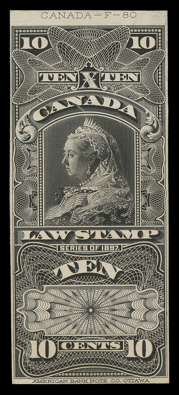 CANADA REVENUES (FEDERAL) FSC7, 8, 9,Engraved Die Proofs in black on white surfaced thick wove paper, each stamp size and capturing die number at top. From the 1897 series portraying the Widow Queen Victoria, the three issued denominations. A very rare set, VF