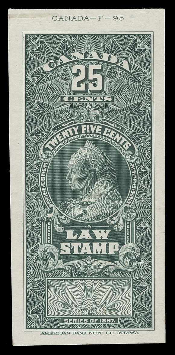 CANADA REVENUES (FEDERAL)  Three Engraved Die Essays on india paper, first two values in bottle green with large margins and capturing individual die number at top; 50c stamp size in grey brown. These are the denominations for which a Die was prepared that were never issued. A very rare set, VF
