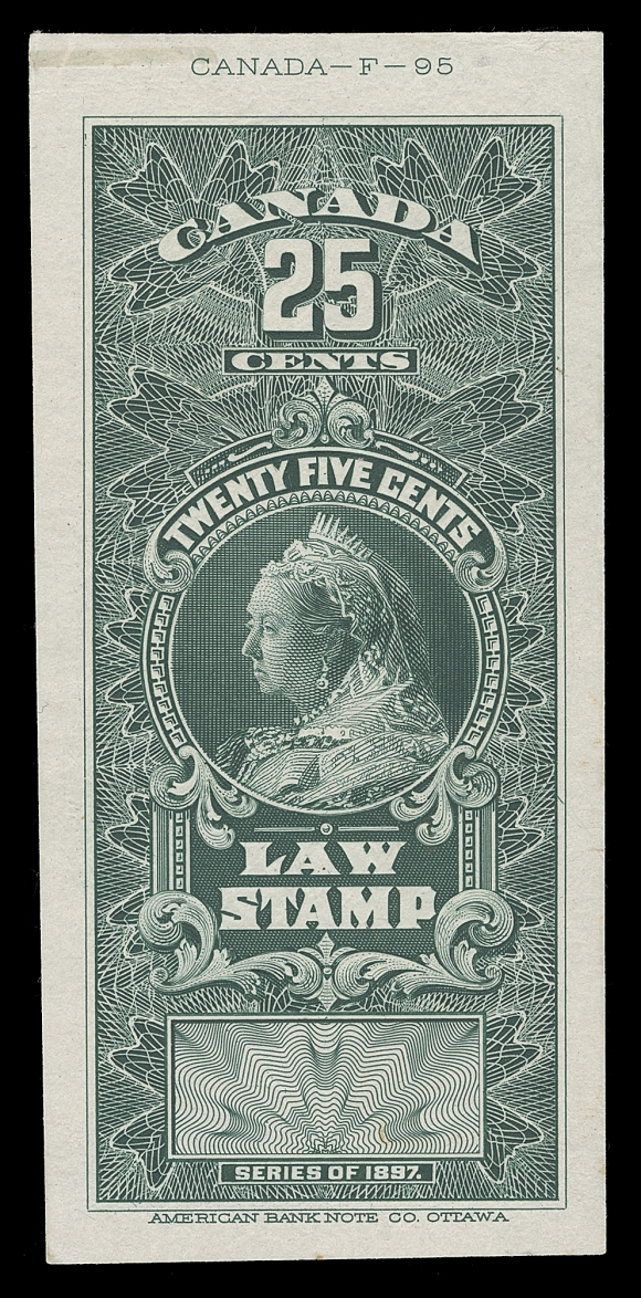 CANADA REVENUES (FEDERAL) Three Engraved Die Essays on india paper, first two values in bottle green with large margins and capturing individual die number at top; 50c stamp size in grey brown. These are the denominations for which a Die was prepared that were never issued. A very rare set, VF