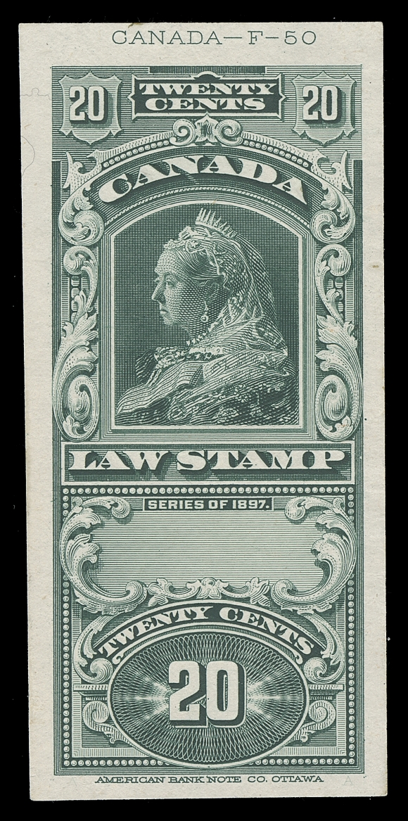 CANADA REVENUES (FEDERAL)  Three Engraved Die Essays on india paper, first two values in bottle green with large margins and capturing individual die number at top; 50c stamp size in grey brown. These are the denominations for which a Die was prepared that were never issued. A very rare set, VF