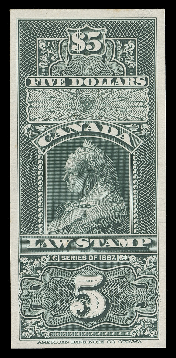 CANADA REVENUES (FEDERAL)  FSC9,Engraved Trial Colour Die Proof in bottle green on india paper, fresh with ample even margins all around, a rare and desirable proof of this high value denomination, VF