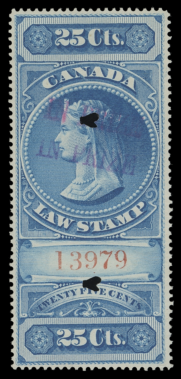 CANADA REVENUES (FEDERAL)  FSC27,A marvelous used example of this rarity, serial number "13979", well centered with fabulous colour on pristine fresh paper, characteristic two coloured overprint is for this particular denomination - "IN PRIZE" in purple and in red, customary punch cancels; pencil signed by K. Bileski on reverse. A superb revenue stamp for the connoisseur, VF+Provenance: Dr. Frank Morgan, Sissons Sale 253, October 1966; Lot 111It has been documented that a maximum of 80 examples (two sheets) of the 25c Young Queen were overprinted "IN PRIZE" - much less survive today; no mint examples are reported.