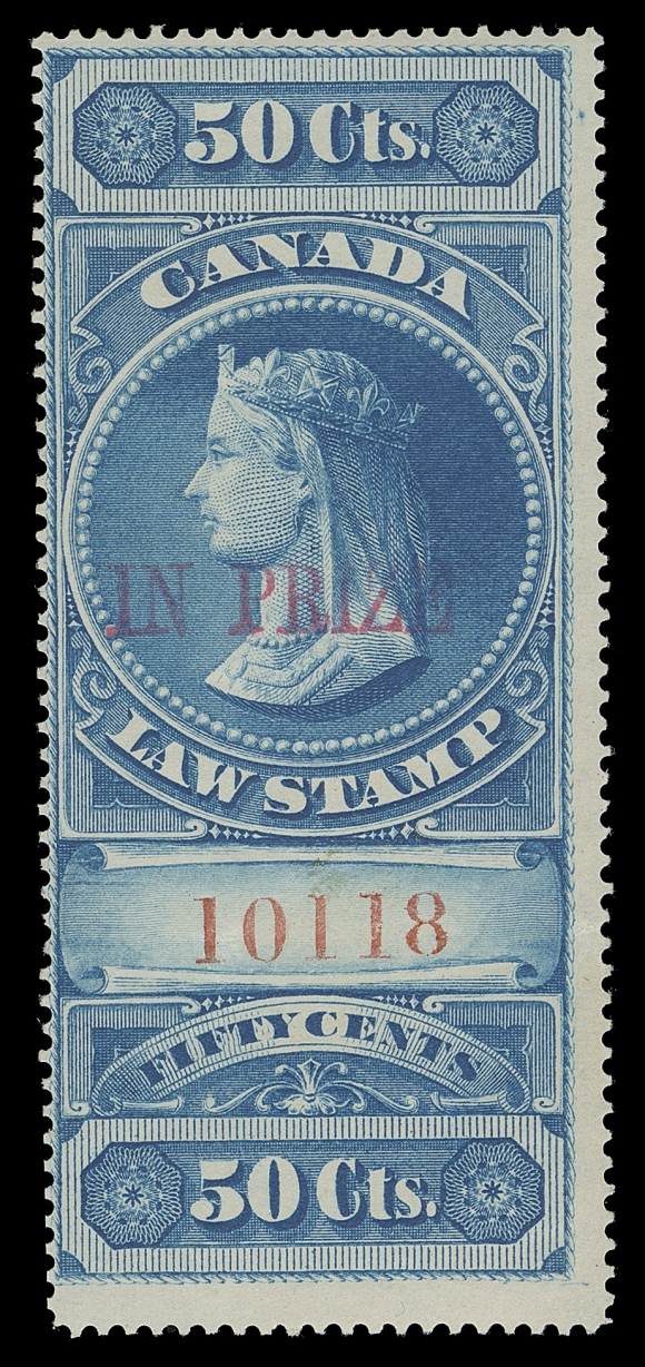 CANADA REVENUES (FEDERAL)  FSC28,An important mint example of this great rarity, overprinted "IN PRIZE" in red, serial number "10118", post office fresh with sharp impression and full original gum. Overall quality is superior to the mint single that once graced Ed Richardson and Harry Lussey collections. A very rare and highly sought-after revenue stamp, Fine hingedExpertization: letter dated December 1999 from E.S.J. Van Dam guaranteeing its authenticity.Provenance: Wilmer C. Rockett, Eastern Auctions, November 2007; Lot 994 where it last sold for $9,000 hammer.A RARE AND DESIRABLE MINT SINGLE OF THE FIFTY CENT "IN PRIZE". ONLY ABOUT TWELVE EXIST, ALL MINT.