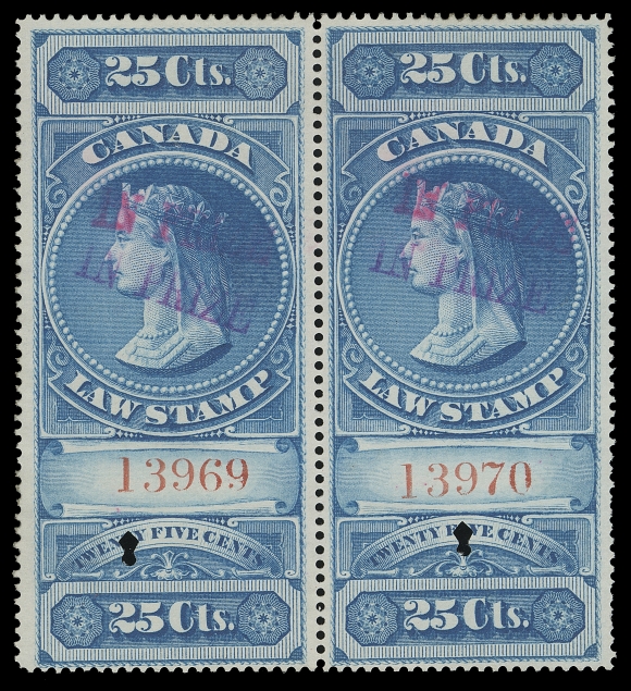 CANADA REVENUES (FEDERAL)  FSC27,An extraordinary used pair of this noteworthy Canadian revenue rarity, serial numbers "13969, 13970", with gorgeous colour on pristine fresh paper, characteristic two coloured overprints found on all known examples - one "IN PRIZE" in purple and one in red, customary punch cancels; pencil signed by K. Bileski on reverse, VF. It has been documented that 80 examples (two sheets) were overprinted "IN PRIZE" - serial numbers "13921 to 14000". About 17 examples have been accounted for - all used off or on document.ONE OF ONLY THREE KNOWN PAIRS OF THE TWENTY-FIVE CENT YOUNG QUEEN "IN PRIZE", TWO OF THESE PAIRS ON RESPECTIVE DOCUMENT. HIGHLY DESIRABLE AND WITHOUT QUESTION, ONE OF THE GREAT HIGHLIGHTS OF THIS COLLECTION.