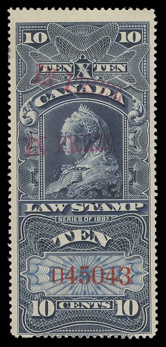 CANADA REVENUES (FEDERAL)  FSC29b,A fresh mint example of this exceedingly rare revenue, serial number "045043", displaying a DOUBLE RED OVERPRINT error, possessing deep rich colour on fresh paper with full original gum, Fine LH; ex. Ed Richardsom (March 1981; Lot 800)ONE OF ONLY FOUR MINT EXAMPLES OF THE 10 CENT WIDOW QUEEN WITH DOUBLE RED "IN PRIZE" OVERPRINT. 