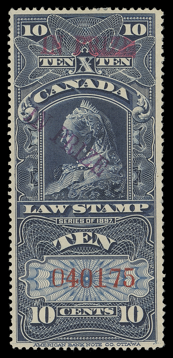 CANADA REVENUES (FEDERAL)  FSC29a,A well centered mint single with deep colour, serial number "040175" and displaying two coloured "IN PRIZE" overprints in red and in purple, full OG with negligible thin specks, VF; of the 80 printed (two sheets) only 16 singles have been accounted for in the most recent Zaluski census.