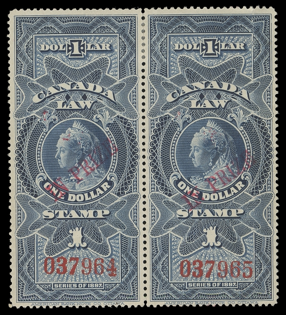 CANADA REVENUES (FEDERAL)  FSC30,A well centered mint pair, serial numbers "037964, 037965", each with overprint in red, right stamp with vertical creasing, a very scarce IN PRIZE multiple, VF OG (cat. value for a single)