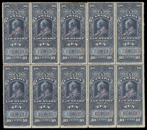 CANADA REVENUES (FEDERAL)  FSC29,A spectacular mint block of ten overprinted "IN PRIZE" with the highest known serial numbers "051146 / 051160" among the 10 sheets of 40 printed; a couple with minor staining and corner crease on one, nevertheless quite well centered with full original gum, NEVER HINGED. Perhaps the largest surviving IN PRIZE multiple extant; each pencil signed K. Bileski on reverse, VF (Van Dam cat. $19,000+ as singles)A STUNNING LARGE MULTIPLE OF THE SOUGHT-AFTER "IN PRIZE" SERIES. A GLORIOUS SHOWPIECE.