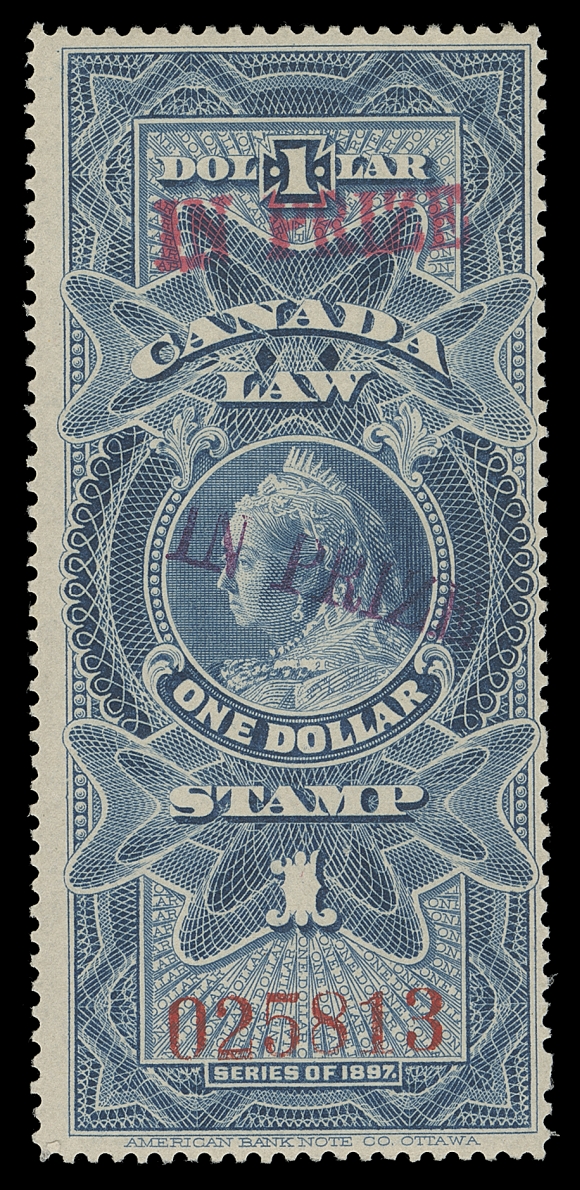 CANADA REVENUES (FEDERAL)  FSC30b,A bright, fresh mint example with serial number "025813", displaying two coloured "IN PRIZE" overprints in red and in purple, in choice condition with full OG showing only a trace of hinging, Fine VLHOf the 120 printed (three sheets), just 12 singles and one pair (a few are likely used) have been accounted for in the most recent Zaluski census.