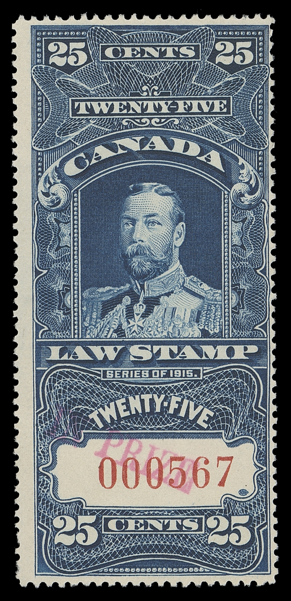 CANADA REVENUES (FEDERAL)  FSC31,An unused example with deep colour on pristine paper, serial number "000567" and "IN PRIZE" overprint in red. Of the 440 (eleven sheets) printed and overprinted "IN PRIZE" only about a quarter have been accounted for, many of which are used, Fine