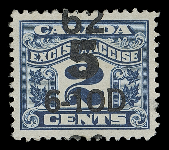 CANADA REVENUES (FEDERAL)  FX51,An exceptional used single of this rare revenue stamp, customary pre-printed cancellation, unusually choice and without question one of the finest of the mere five known examples (all are used), VF+

Expertization: 2010 Greene Foundation certificate

Provenance: Wilmer C. Rockett collection, Part II, December 1999; Lot 283

ONE OF THE MOST SOUGHT AFTER AND GREATEST RARITIES OF CANADIAN FEDERAL REVENUES, MISSING FROM EVEN THE MOST ADVANCED COLLECTIONS.