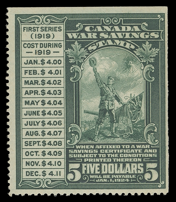 CANADA REVENUES (FEDERAL)  FWS2,A selected, fresh mint example with natural straight edge on two sides, rich colour on fresh paper with full original gum, F-VF NH and very scarce thus