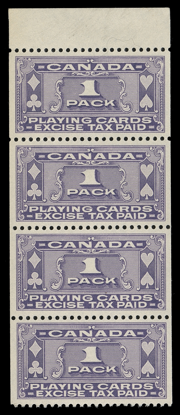 CANADA REVENUES (FEDERAL)  FPC1a,An unusually choice, well centered mint strip of four, intact sheet margin top, two stamps are NH, VF, very scarce. ex. "Chesapeake" collection (private sale)