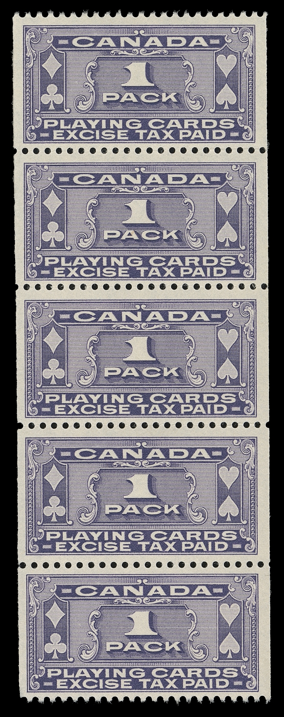 CANADA REVENUES (FEDERAL)  FPC1a,A bright, fresh mint coil strip of five, two are NH, VF VLH 