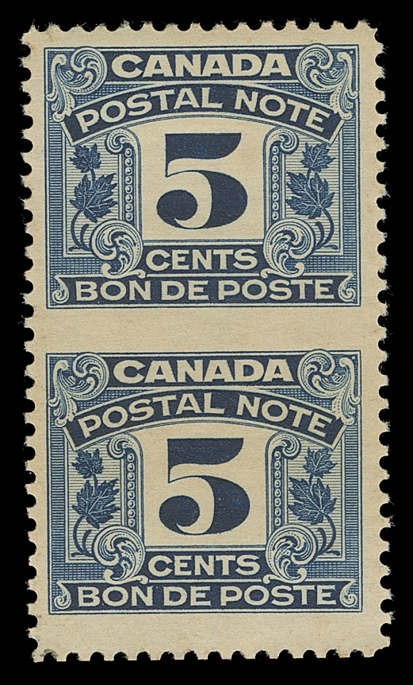 CANADA REVENUES (FEDERAL)  FPS7c,A well centered mint vertical pair imperforate between, lightly, evenly yellowed paper. A very rare error - believed to be one of only four known such pairs, VF LH