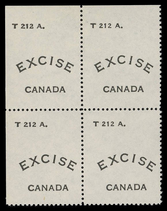 CANADA REVENUES (FEDERAL)  FLS9,Upper left position mint block of four, a few split perfs at right, dull white Davac gum; very rare as a block, VF NH