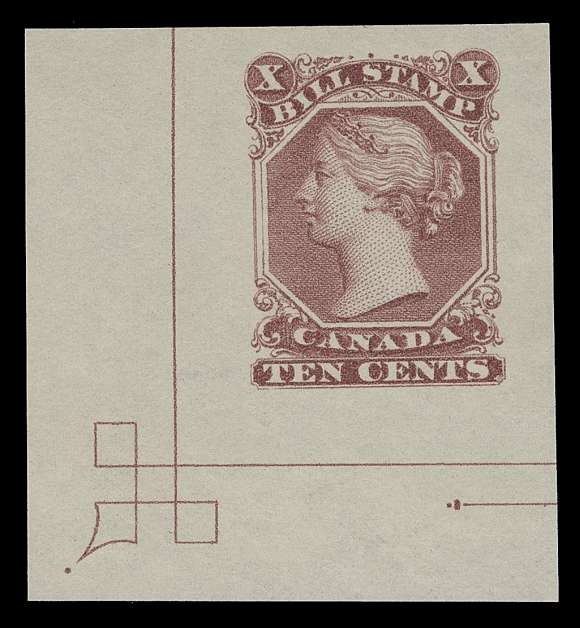 CANADA REVENUES (FEDERAL)  FB27,ABNC Trade Sample, a superb corner margin proof lithographed in deep brown lilac on white horizontal wove paper, a rare and desirable bold coloured proof, XF
