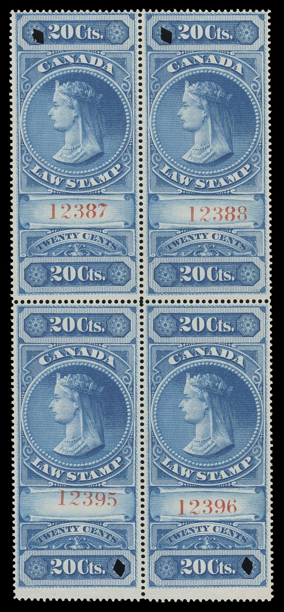 CANADA REVENUES (FEDERAL)  FSC2,An unusually select, bright, fresh used block of four with serial numbers "12387 / 12396" on white wove paper, each with single-punch cancel, attractive and VF