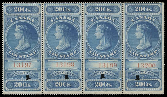 CANADA REVENUES (FEDERAL)  FSC2,A remarkable strip of four on white wove paper with serial numbers "13197-13200" - the last four stamps from the last sheet printed, minor split perfs between first and second stamp, single-punch cancel on each. A desirable multiple, F-VF